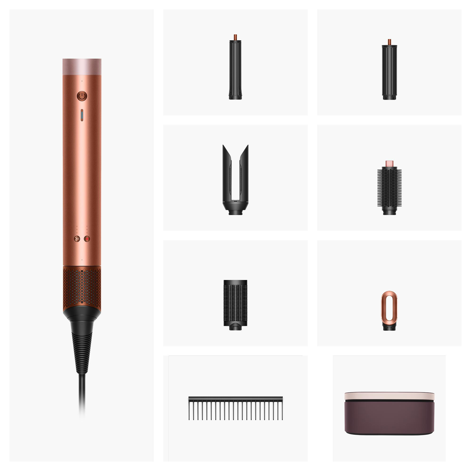Kupfer-Haarstyler mit Aufsätzen. Enthält den Styler, mehrere schwarze Aufsätze, einen Kamm und eine braune Hülle auf weißem Hintergrund.