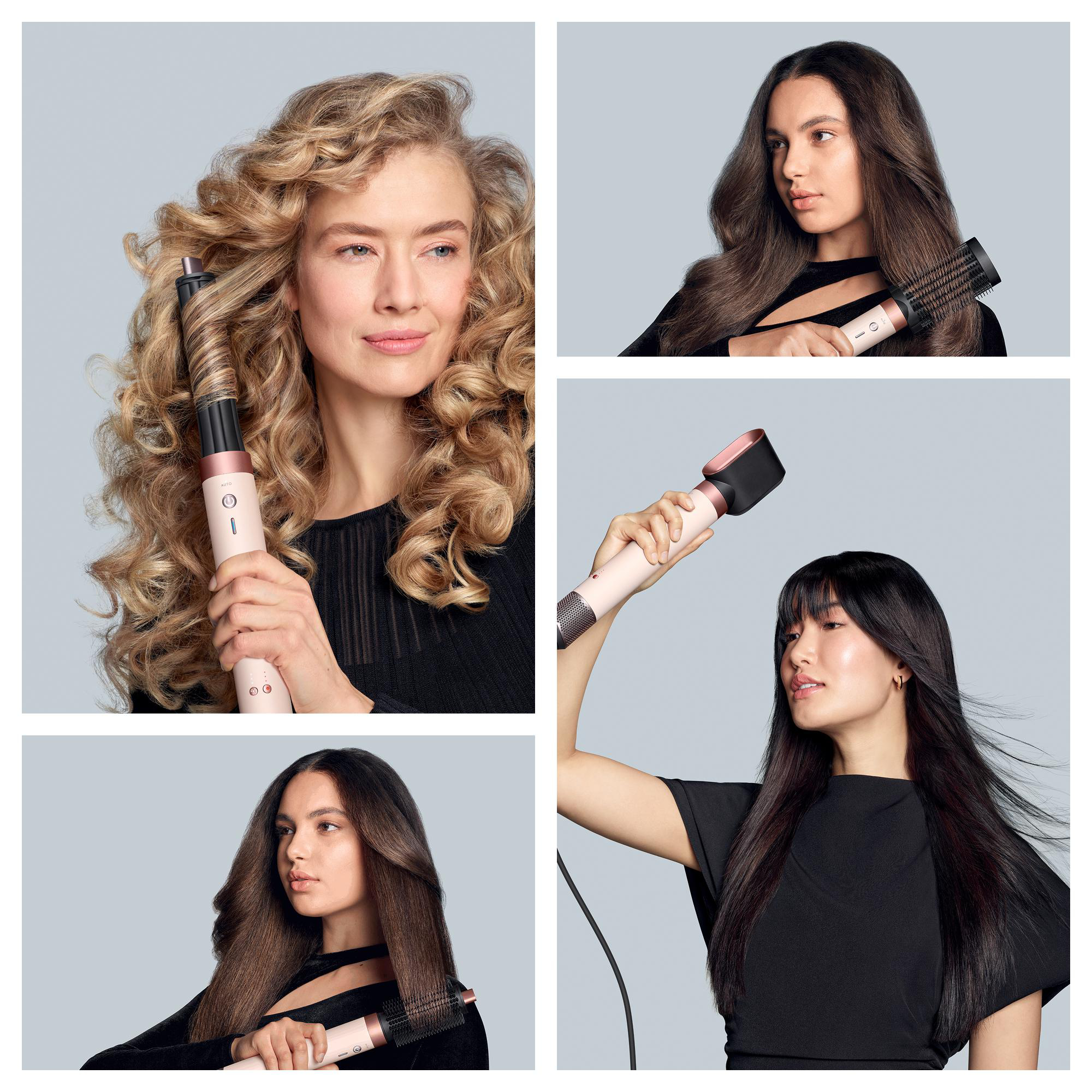Eine Collage zeigt Frauen, die ein Haarstyling-Tool verwenden. Das Werkzeug ist rosa und schwarz. Die Frisuren variieren von lockig bis glatt, alles in verschiedenen Farben.