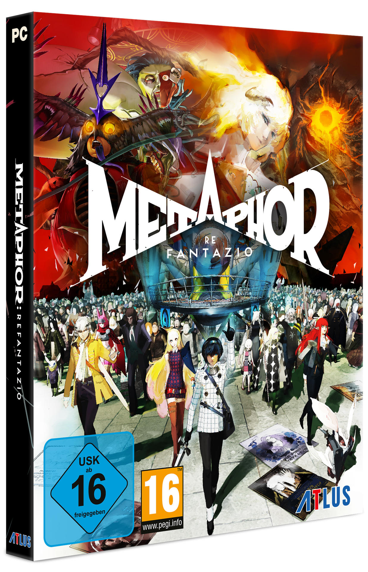 Spielbox-Art für Metaphor: Refantazio. Zeigt eine Menge von Charakteren, ein großes Logo und Fantasy-Kreaturen. Ab 16 Jahren.