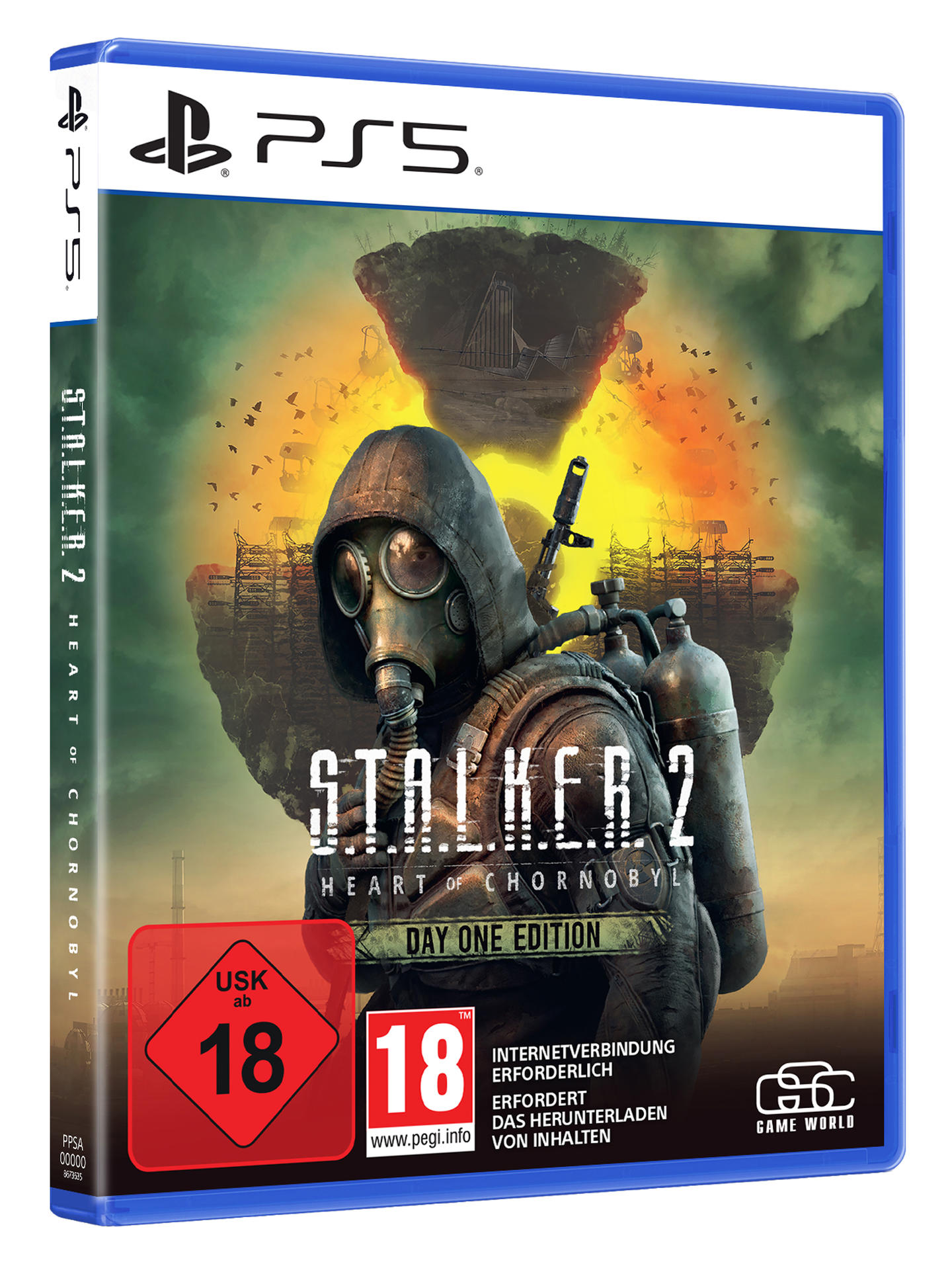 Eine PlayStation 5 Spielhülle. Sie zeigt eine Figur mit Gasmaske und im Hintergrund ein zerstörtes Land und den Spieletitel: Stalker 2.