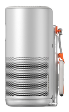 Srebrny głośnik cylindryczny z czarną perforowaną kratką, pomarańczowym paskiem i pilotem.