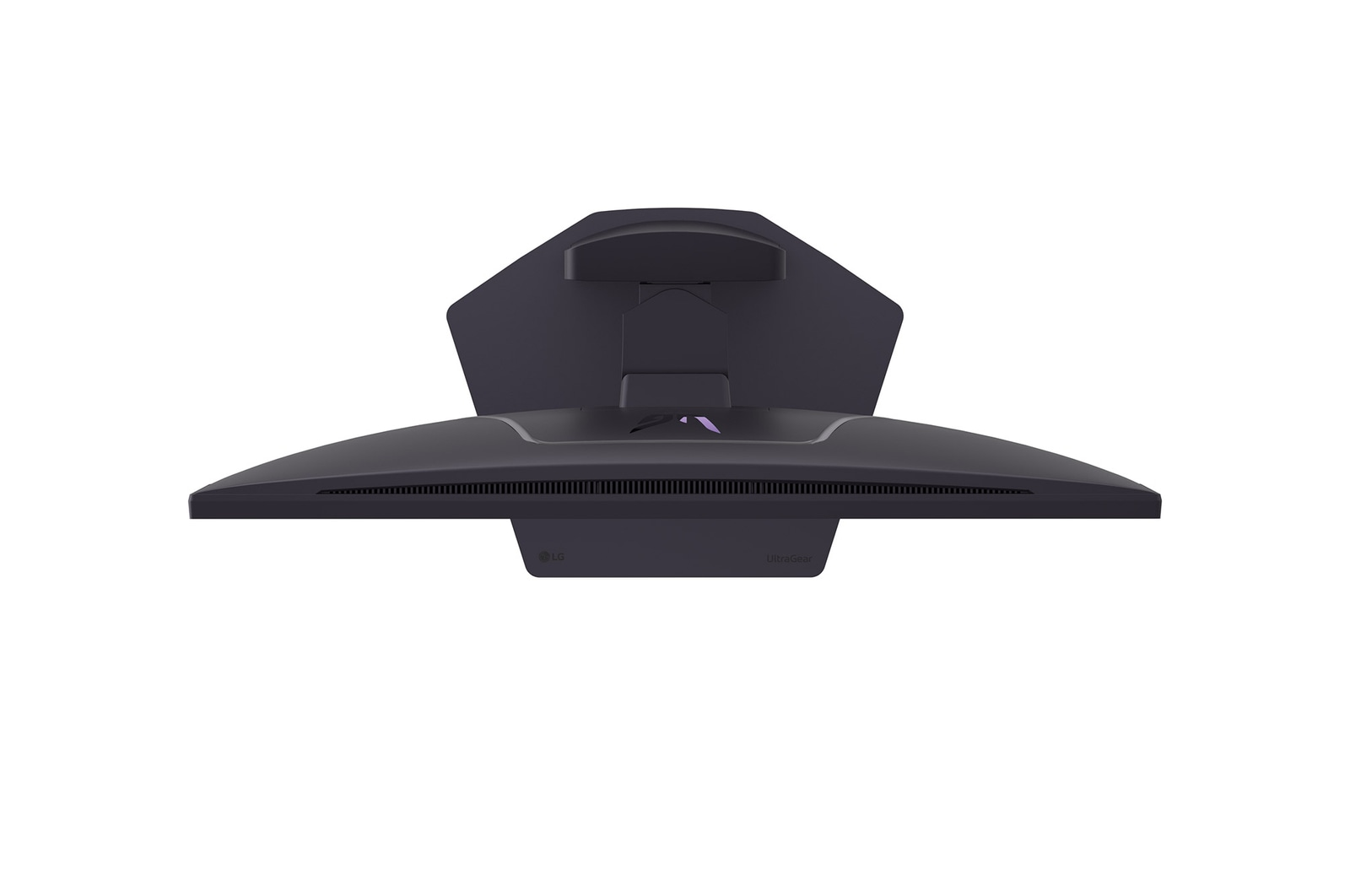Draufsicht auf einen dunkelgrauen LG UltraGear Monitor. Der Monitor hat einen gebogenen Bildschirm und einen Ständer. LG- und UltraGear-Logos sind sichtbar.