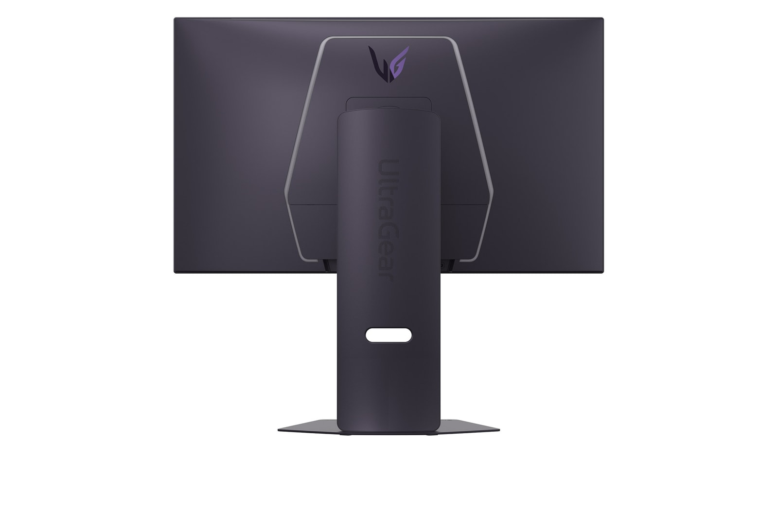 Rückansicht eines dunkelgrauen Computermonitors. Er hat einen Ständer mit dem UltraGear-Logo. Der Hintergrund ist weiß.