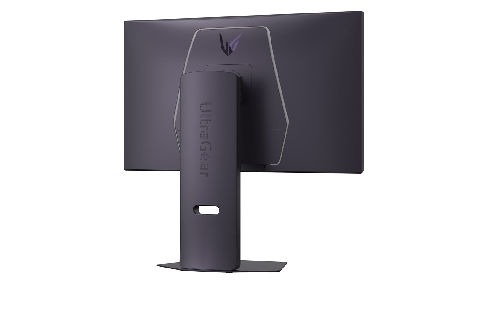 Rückansicht eines dunkelgrauen Monitors mit Ständer. Der Monitor hat das UltraGear-Logo und einen lila Akzent. Er steht auf weißem Hintergrund.