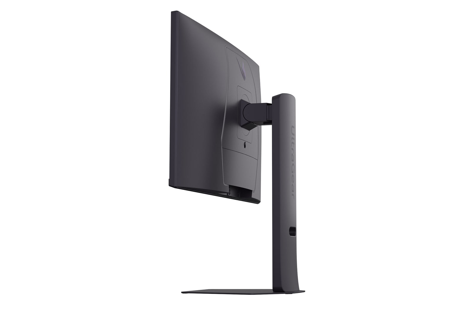 Ein schwarzer UltraGear-Monitor auf weißem Hintergrund. Der Monitor steht auf einem Ständer. Die Rückseite ist sichtbar, mit Logo und Ständerdetails.