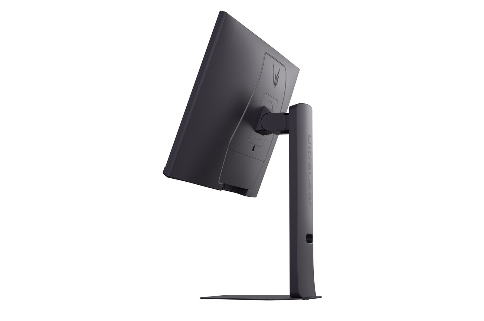 Ein schwarzer LG Ultragear-Monitor, von hinten und von der Seite gesehen, mit schwarzem Ständer und Sockel, vor weißem Hintergrund.