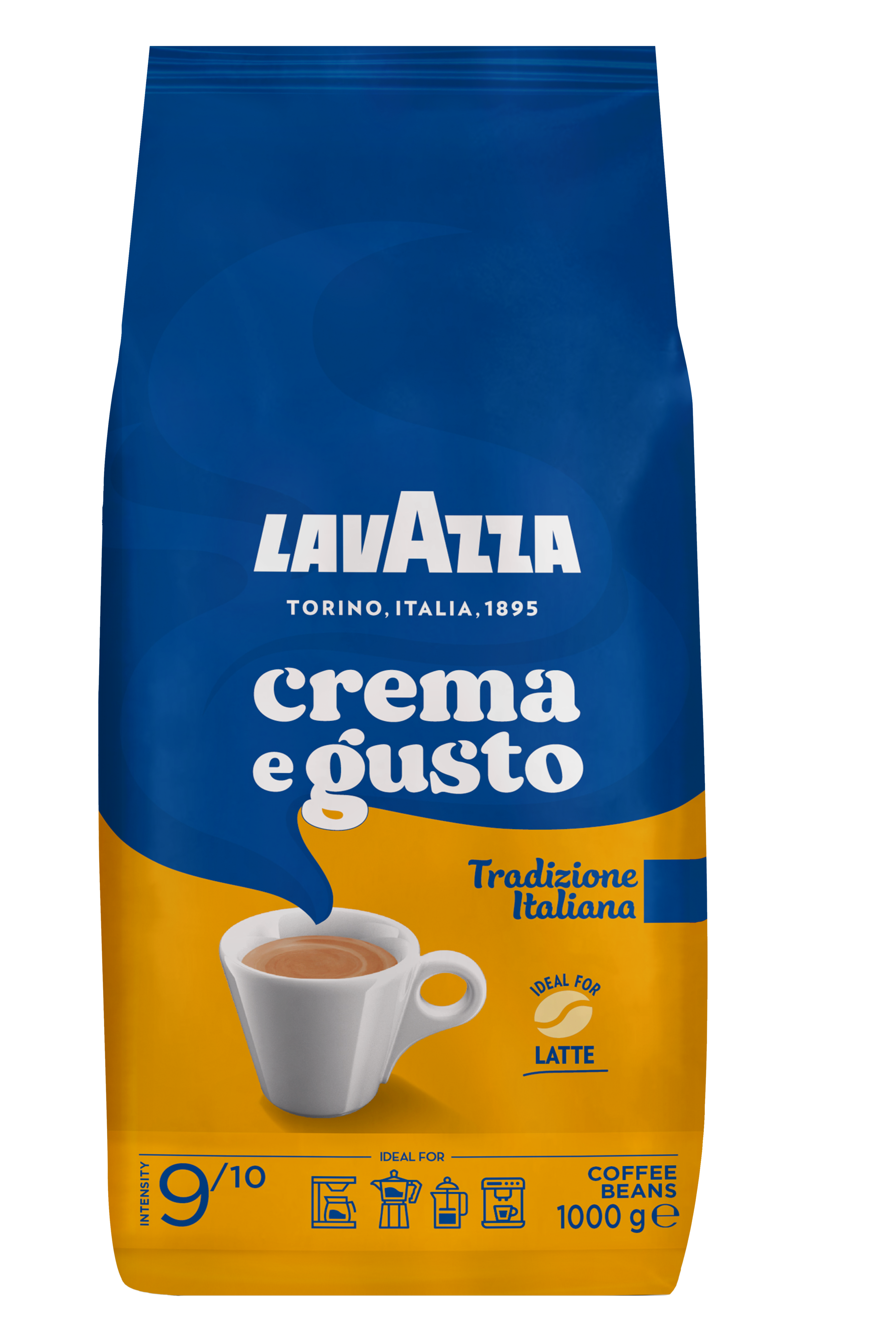 Eine Lavazza-Kaffeetüte mit dem Schriftzug 'crema e gusto'. Sie zeigt eine Kaffeetasse und ist ideal für Latte. Intensität 9/10.