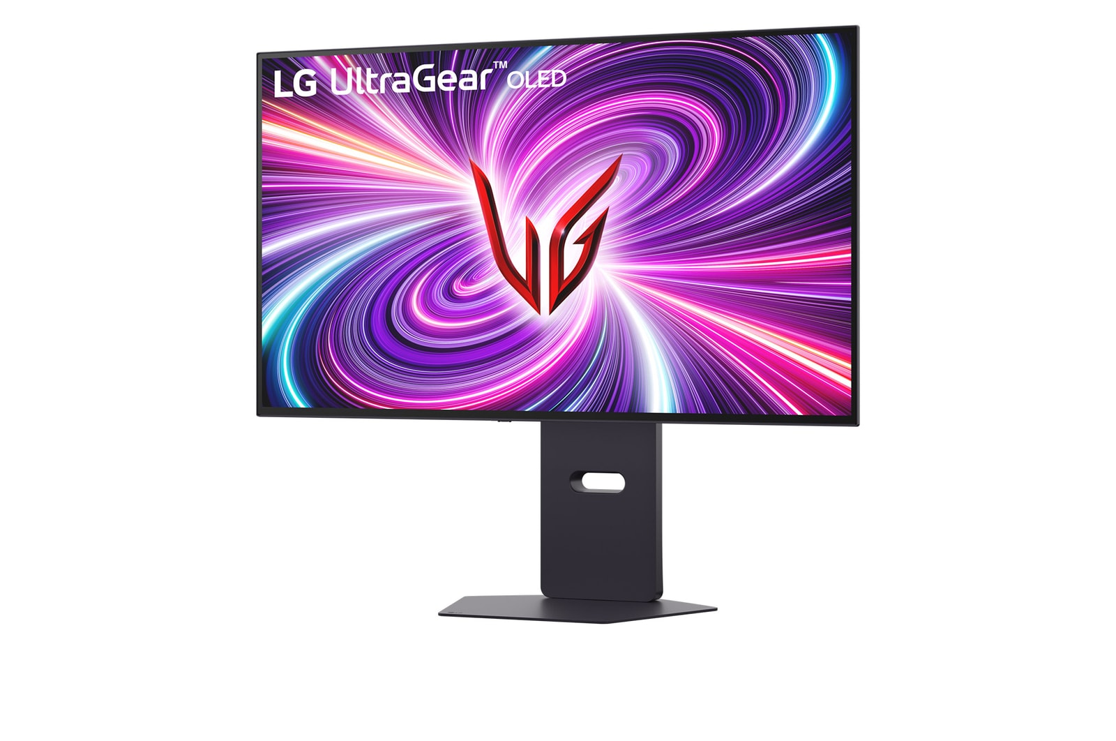 Monitor LG UltraGear OLED. Ekran wyświetla kolorowy, abstrakcyjny wzór. Monitor jest czarny z pasującą podstawą.