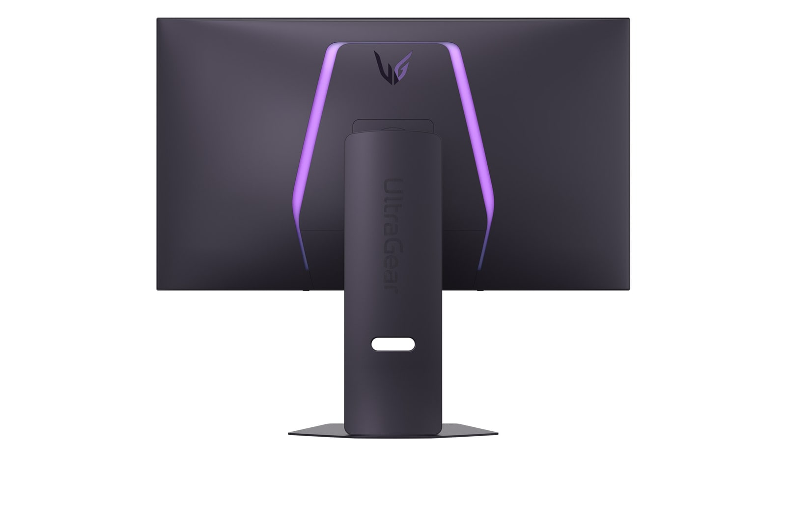 Tył czarnego monitora LG Ultragear. Ma podstawę, fioletowe akcenty i logo Ultragear.