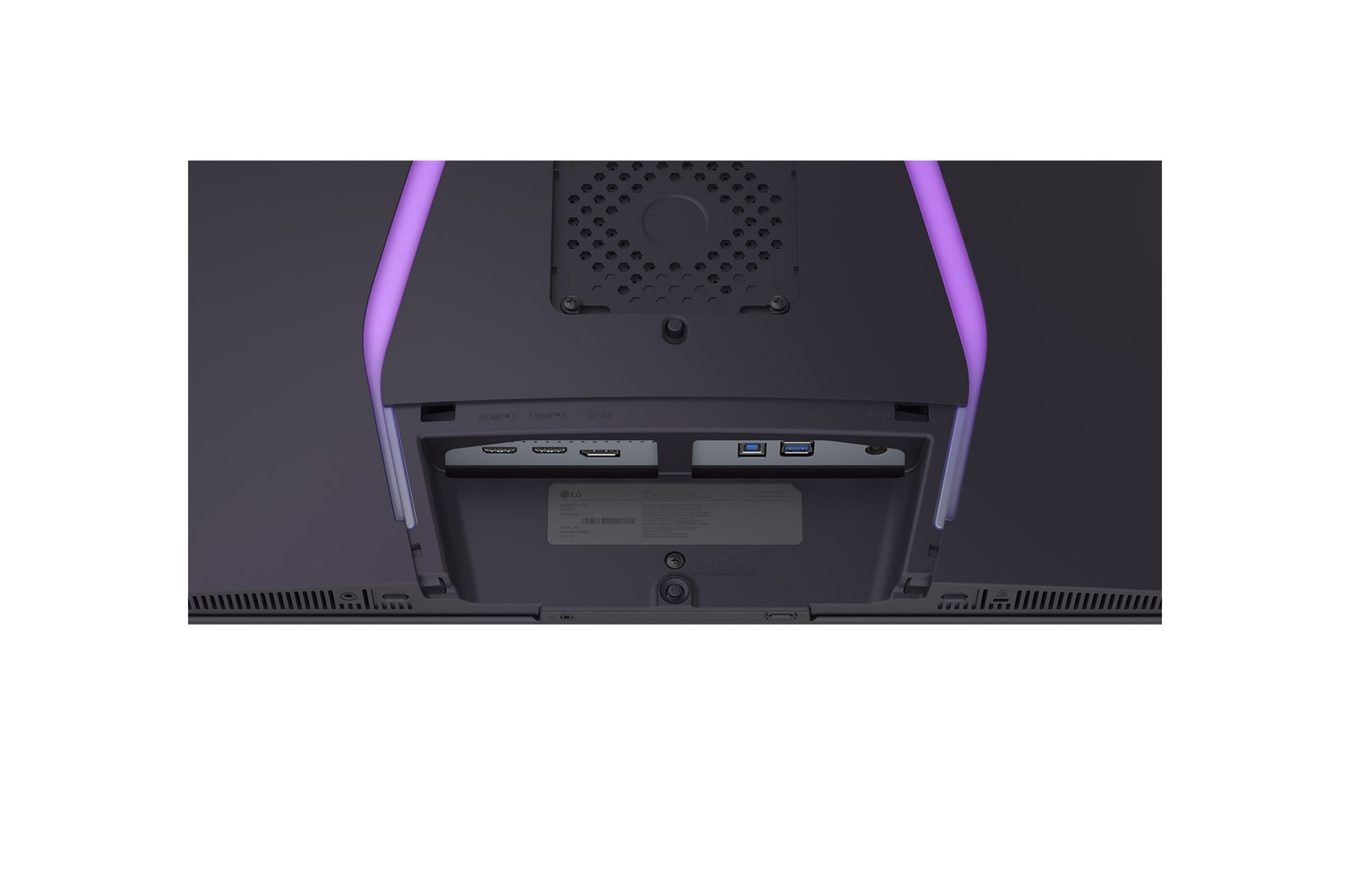 Widok z tyłu ciemnego monitora z fioletowymi akcentami. Widoczne porty, w tym HDMI i USB. Obecna jest etykieta LG.