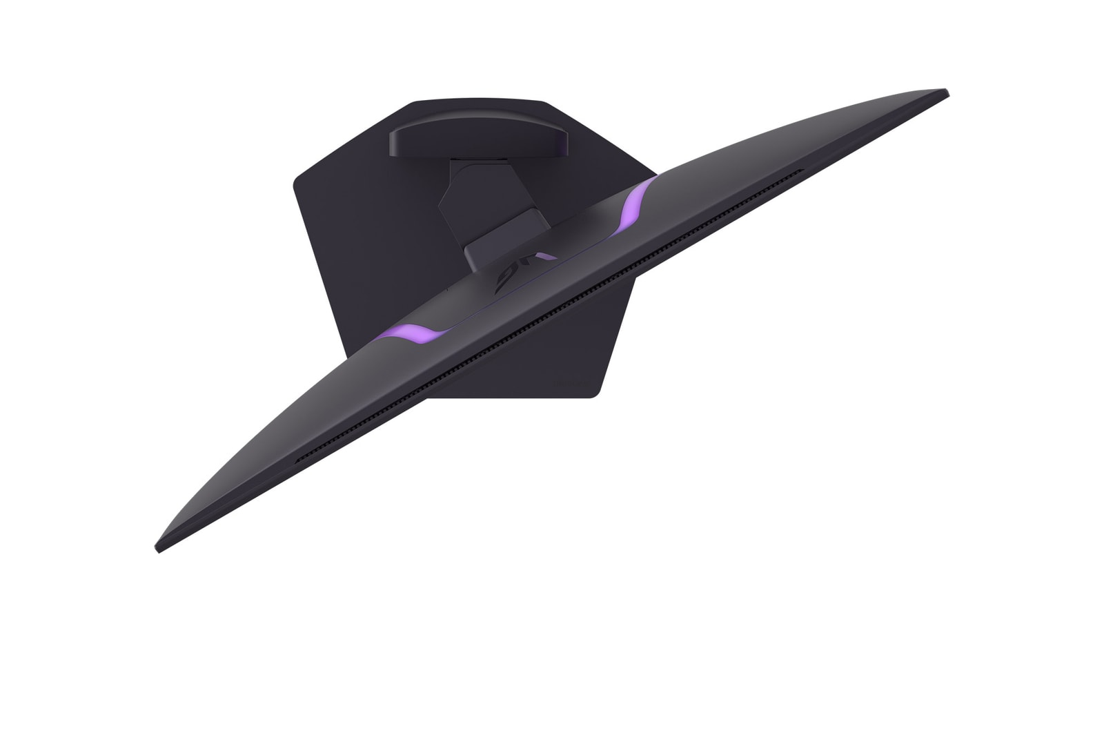 Widok z góry na czarny monitor komputera z fioletowym podświetleniem. Monitor jest na białym tle.