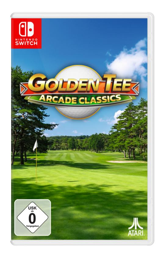 Golden Tee Arcade Classics Nintendo Switch Spielbox. Golfplatz-Szene. Blauer Himmel, grünes Gras und Bäume.