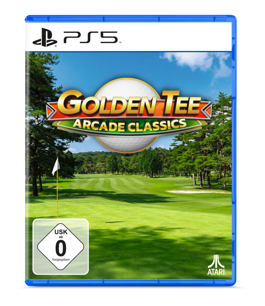 PS5-Spielecover für Golden Tee Arcade Classics. Zeigt eine Golfplatzszene mit Logo. Das Cover befindet sich in einem blauen Gehäuse.