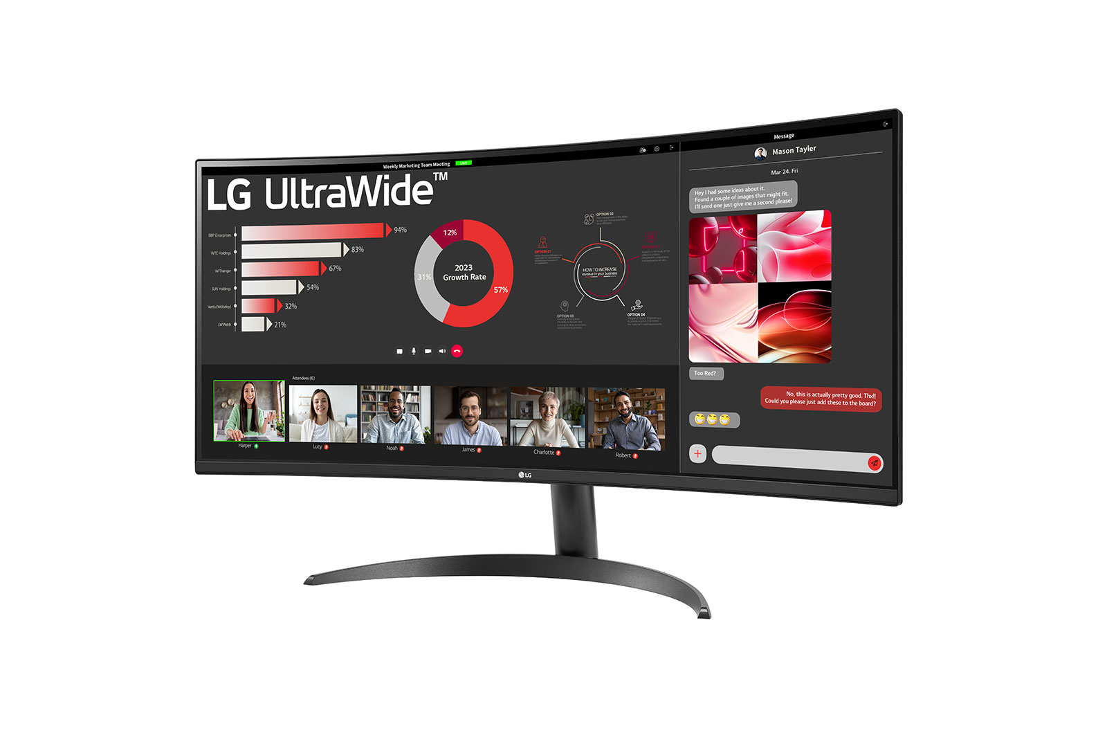 Monitor LG UltraWide wyświetla wideokonferencję i wykres zespołu marketingowego.