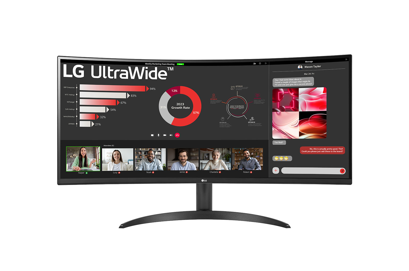 Zakrzywiony monitor LG UltraWide wyświetla wideokonferencję i pulpit marketingowy.