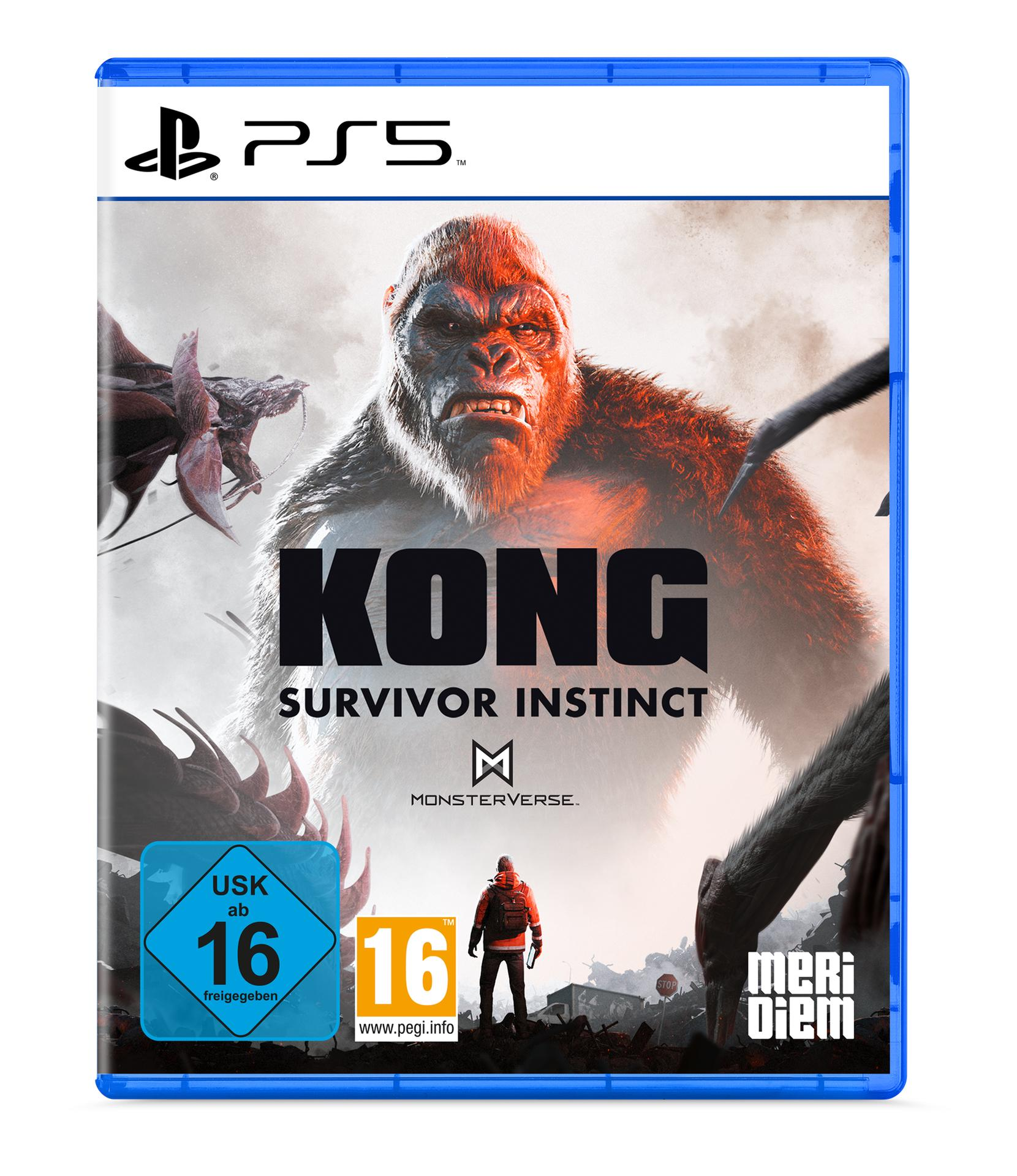 Spielcover von Kong: Survivor Instinct. Zeigt Kong, eine Person und ein Wesen. Bewertungslogos sind ebenfalls vorhanden.