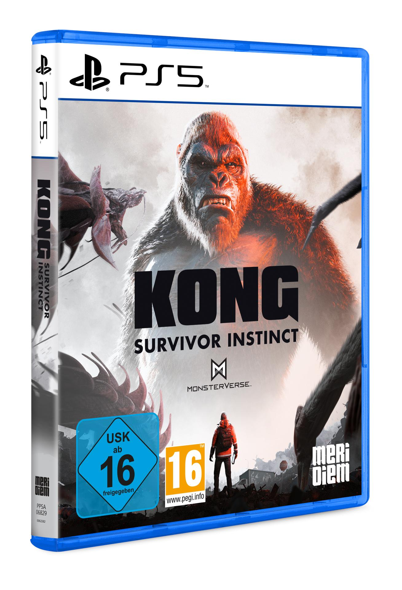 Spielcover für Kong: Survivor Instinct auf PS5. Kong ist abgebildet, mit einer Figur und einer Stadtlandschaft im Hintergrund und Logos.