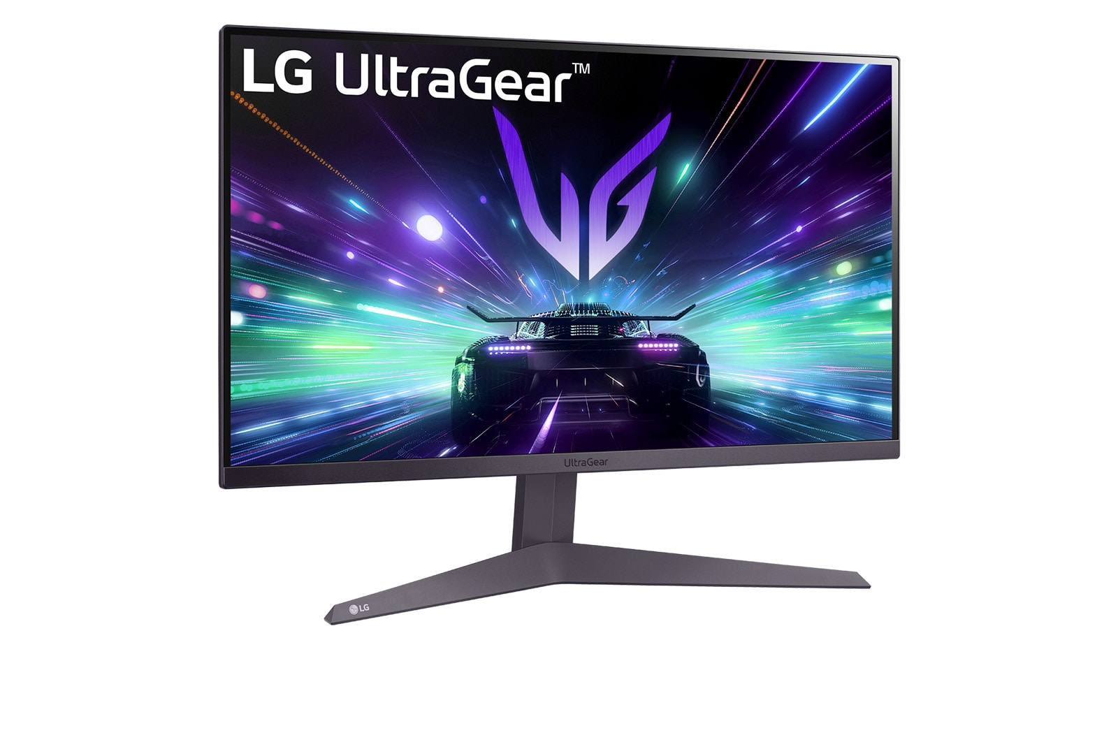 Monitor LG UltraGear wyświetla grafikę samochodu. Podstawa i ramka są ciemnoszare. Ekran pokazuje samochód z fioletowymi i niebieskimi światłami.