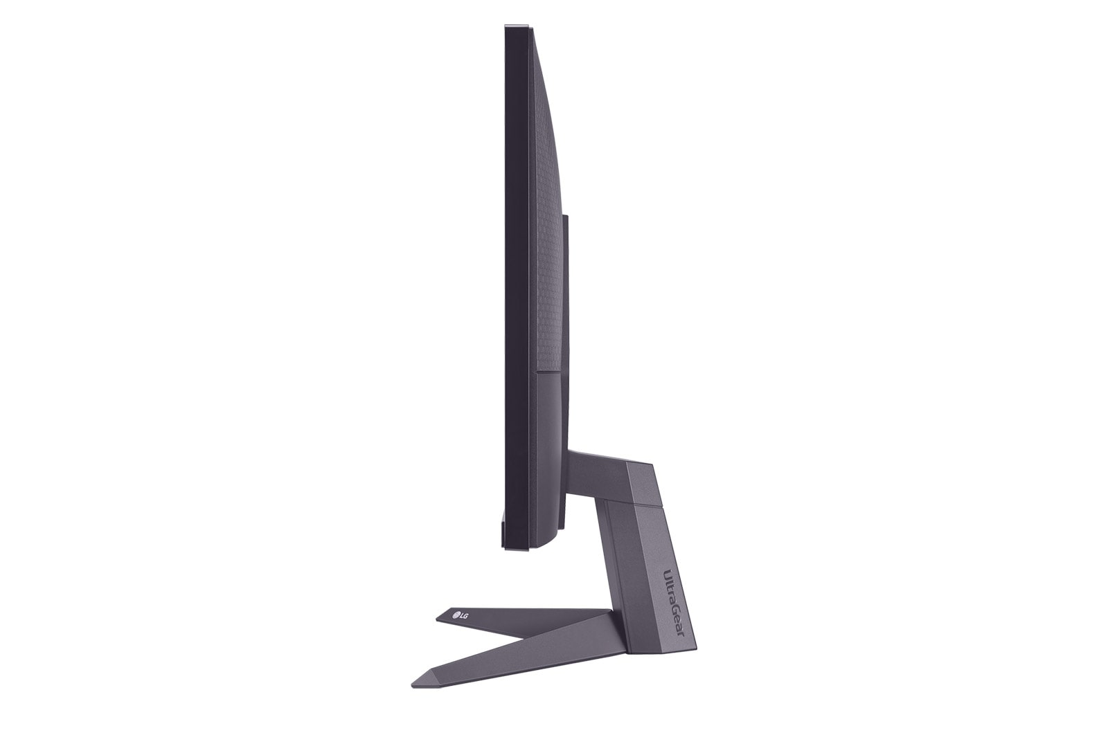 Widok z boku ciemnoszarego monitora LG UltraGear. Ekran jest czarny, a podstawa ma logo UltraGear.
