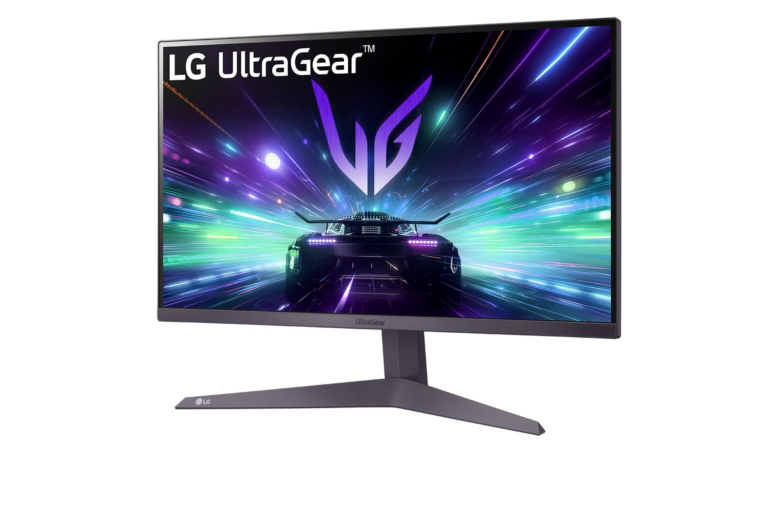 Monitor LG UltraGear wyświetla grafikę wyścigu samochodowego. Monitor stoi na szarej podstawie. Ekran pokazuje logo LG i samochód.