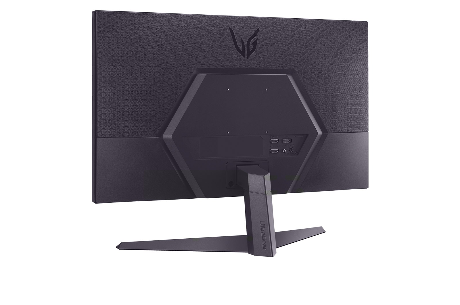 Widok z tyłu czarnego monitora LG UltraGear. Ma podstawkę, porty i wzór na górnym panelu tylnym.