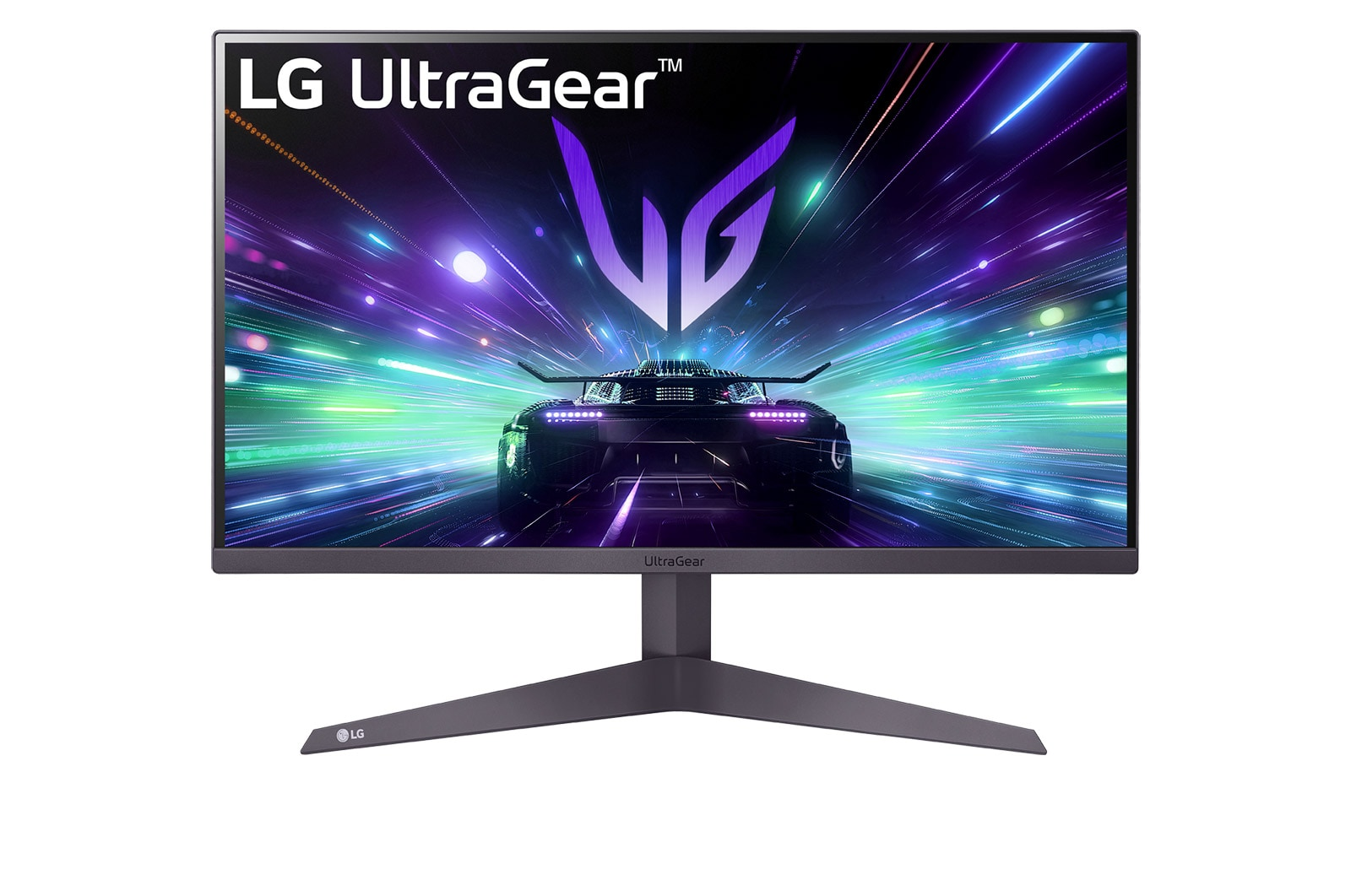 Monitor LG UltraGear wyświetla samochód jadący przez kolorowe smugi światła. Monitor ma czarną ramkę i podstawę.