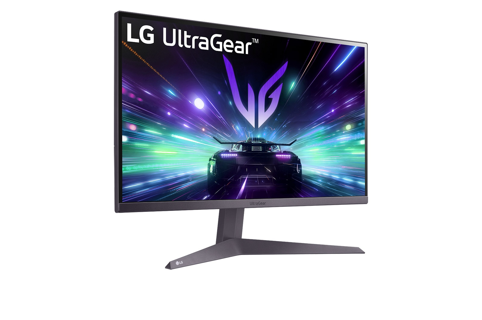Monitor LG UltraGear. Ekran pokazuje wyścig samochodowy, z fioletowymi i zielonymi efektami świetlnymi. Monitor ma ciemnoszarą podstawę.