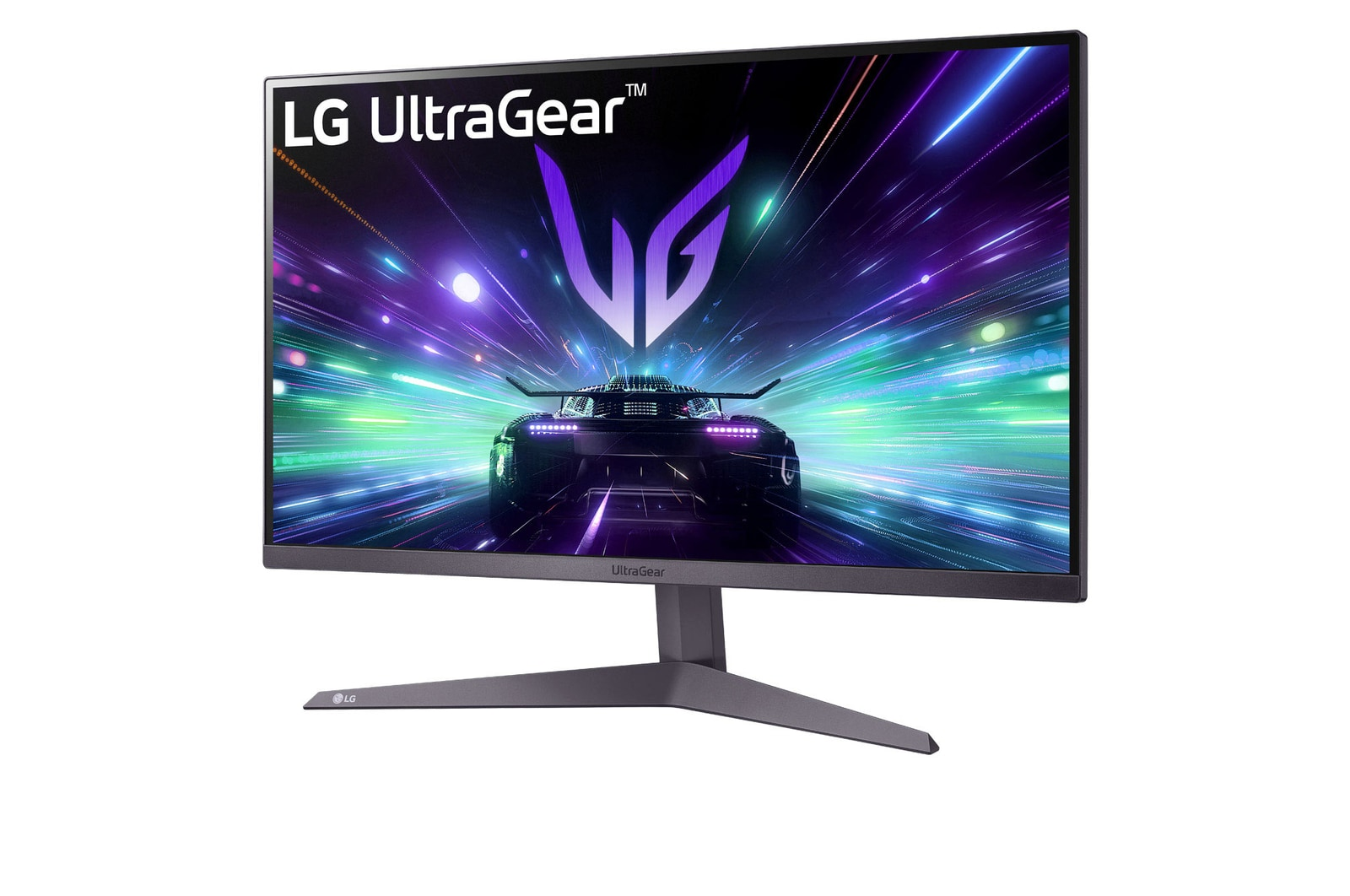 Monitor LG UltraGear wyświetla samochód wyścigowy na kolorowym torze, z fioletowym logo. Monitor jest szary i stoi na białej powierzchni.