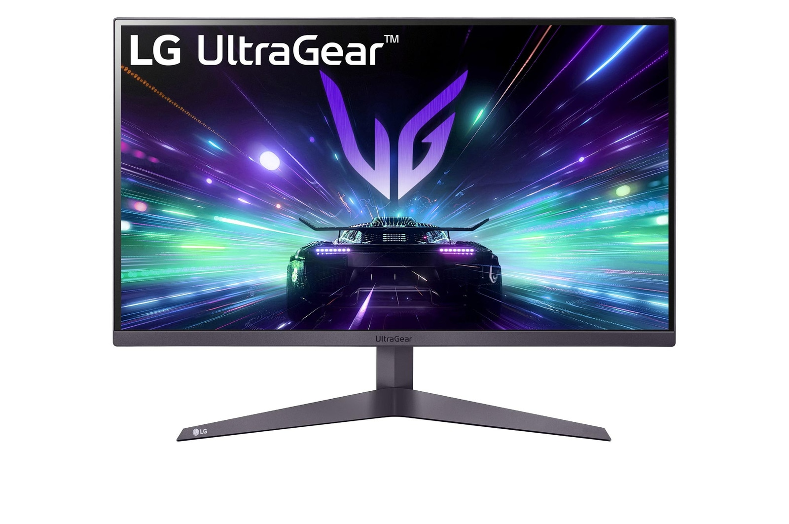 Monitor LG UltraGear wyświetla samochód jadący na tle kolorowego, abstrakcyjnego tła. Stojak i ramka są ciemnoszare.
