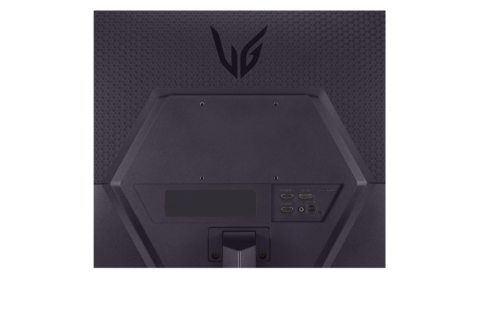Widok z tyłu czarnego monitora komputera. Zawiera logo LG, wzór i różne porty do podłączenia.