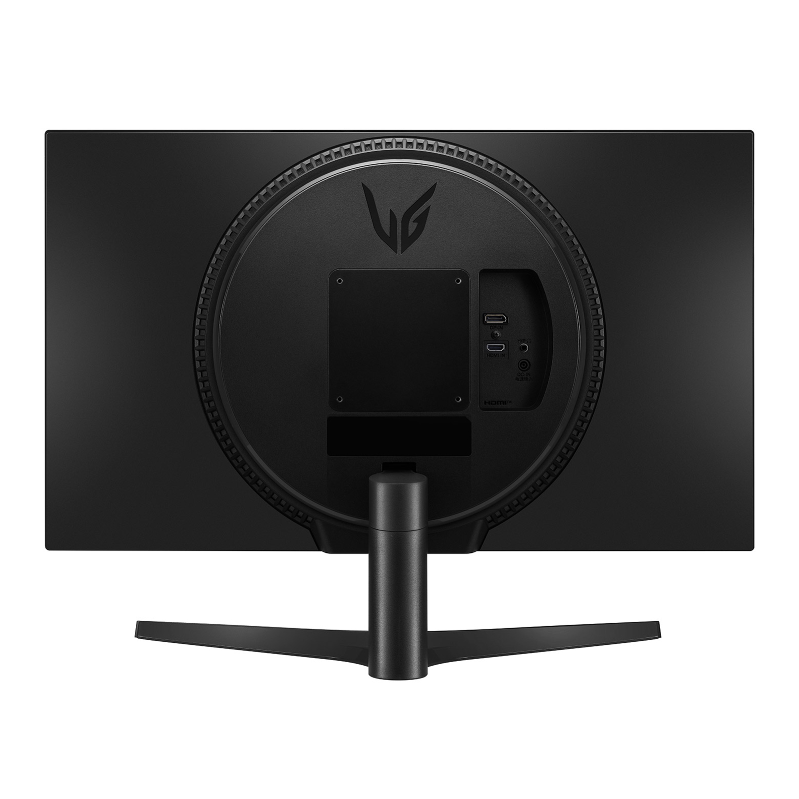 Widok z tyłu czarnego monitora ze stojakiem. Monitor ma porty, logo i okrągły design.