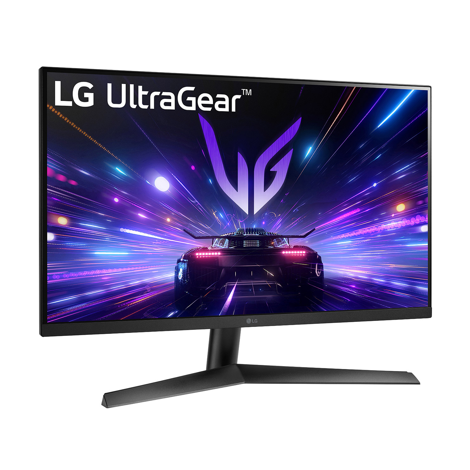 Monitor LG UltraGear wyświetla samochód jadący przez neonowy tunel. Monitor jest czarny, z czarną podstawą.