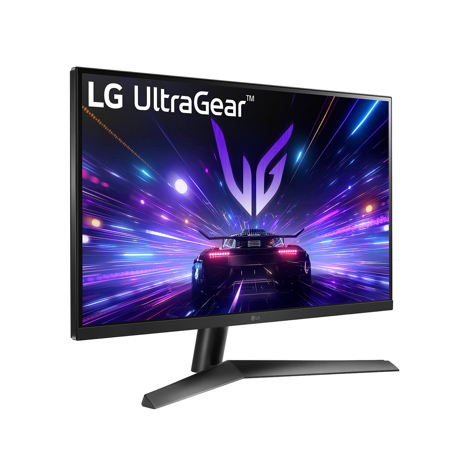 Monitor LG UltraGear wyświetla samochód wyścigowy jadący przez fioletowo-niebieski tunel świetlny. Monitor stoi na czarnym stojaku.