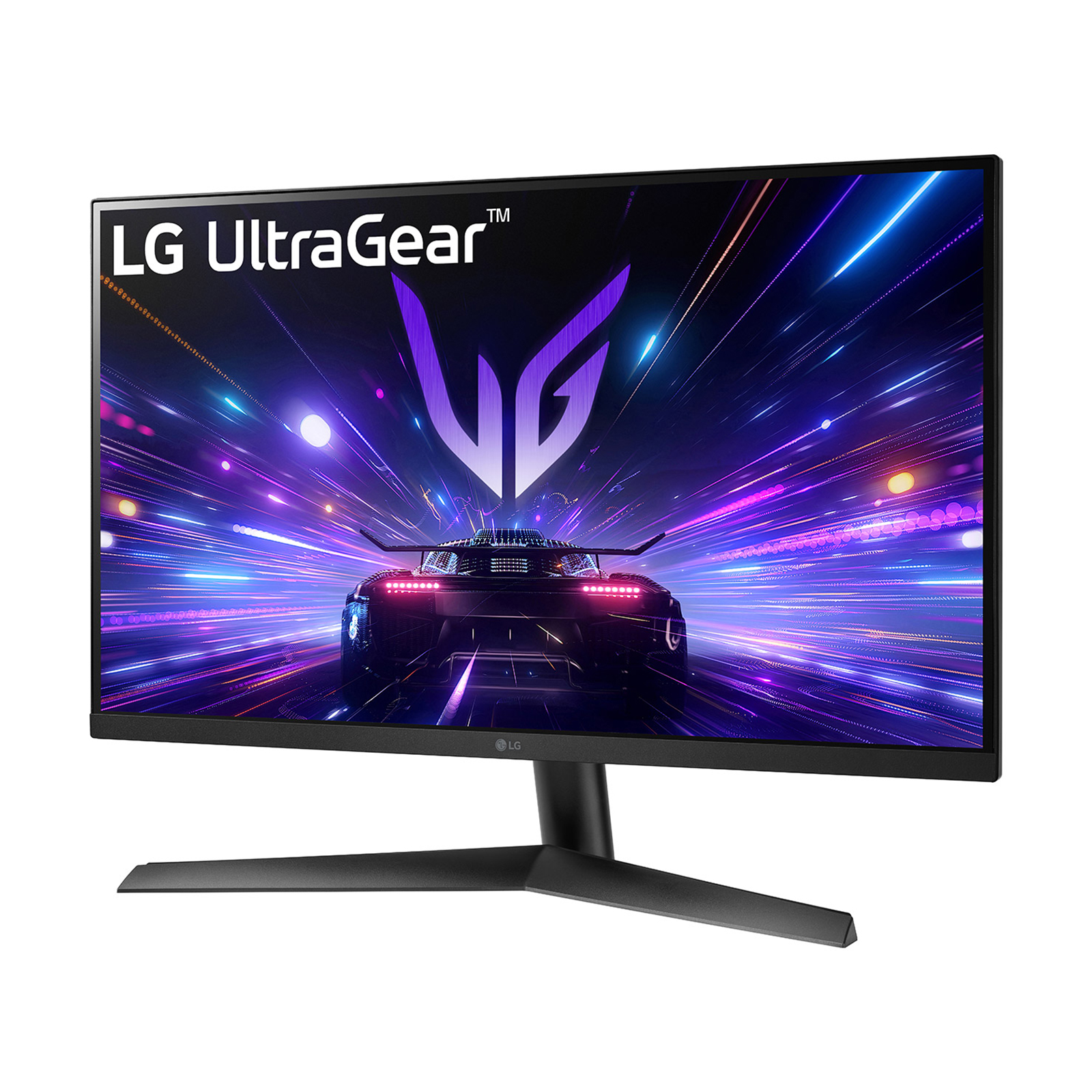 Monitor LG UltraGear wyświetla samochód wyścigowy na torze z fioletowymi i niebieskimi smugami światła. Czarna podstawa i ramka.