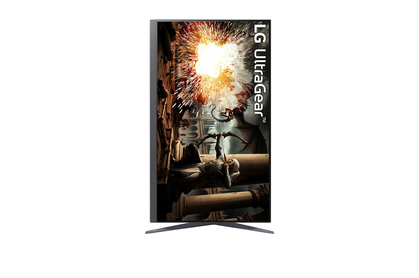 Monitor LG UltraGear wyświetlający scenę fantasy z łucznikiem, smokiem i eksplozją.
