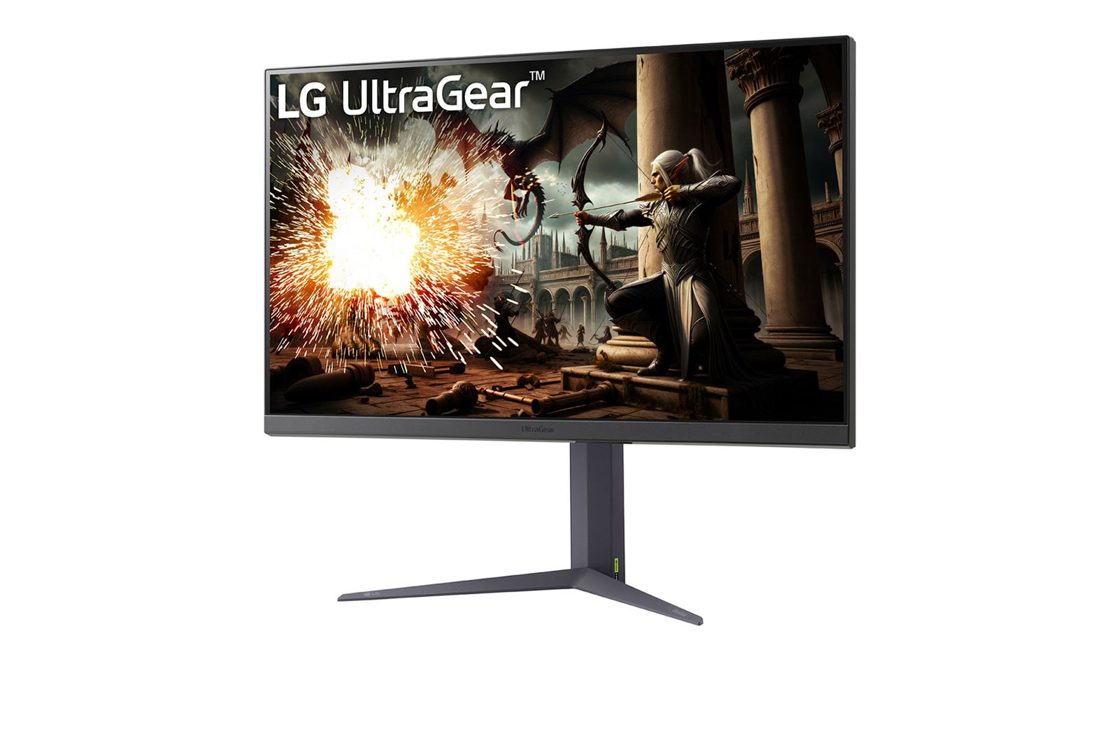 Monitor LG UltraGear wyświetla fantastyczną scenę. Łucznik celuje w smoka. Eksplozja w tle. Monitor jest na stojaku.