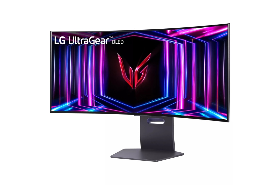 Zakrzywiony monitor LG UltraGear OLED. Wyświetlacz pokazuje kolorowy, abstrakcyjny design. Monitor ma ciemnoszarą podstawę i białe tło.
