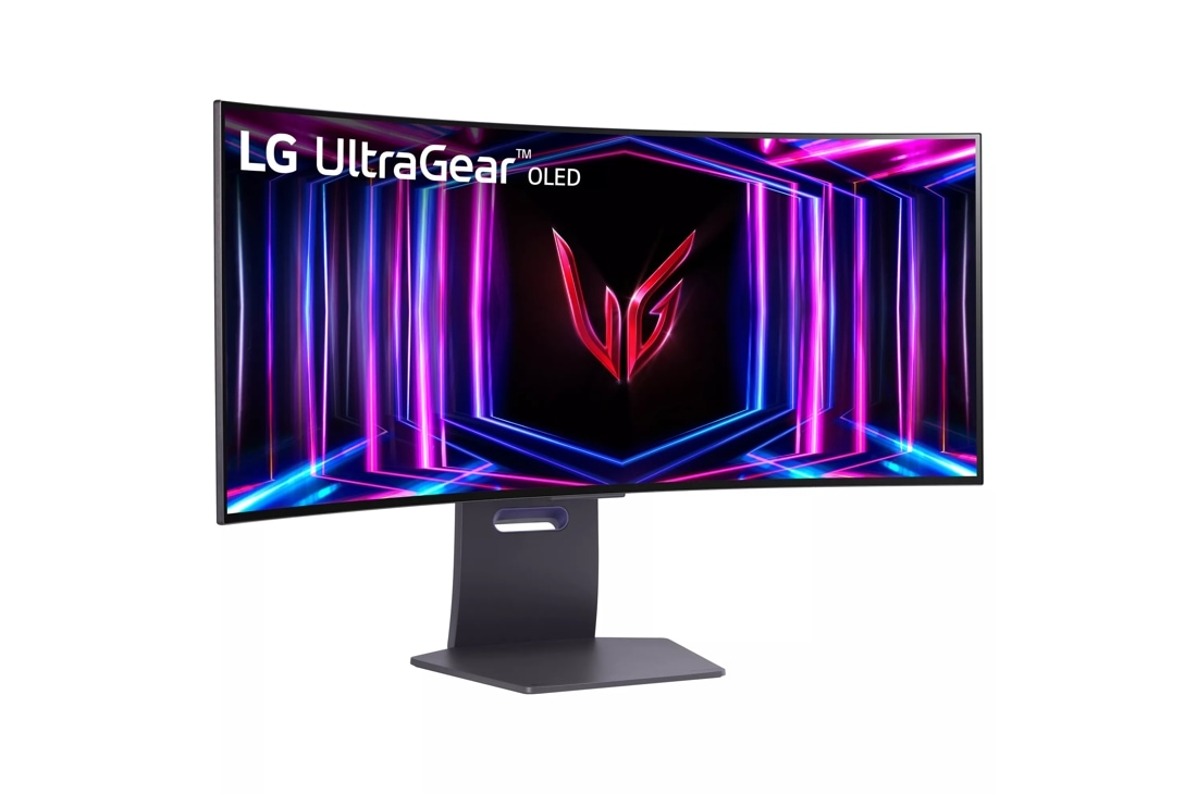 Zakrzywiony monitor LG UltraGear OLED. Ekran wyświetla kolorowy, abstrakcyjny wzór z centralnym logo. Monitor stoi na ciemnej podstawie.