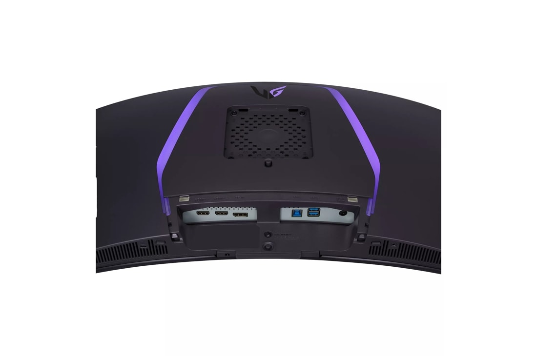 Tył zakrzywionego monitora. Jest ciemnoszary z fioletowymi paskami i wieloma portami. Zawiera HDMI, USB i gniazda audio.
