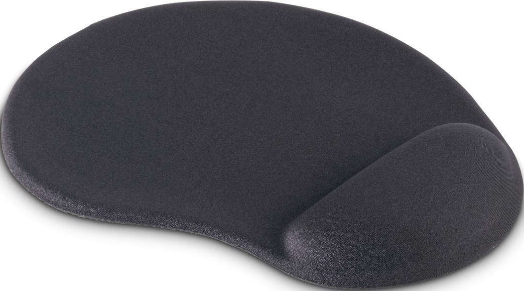 Ein graues ergonomisches Mauspadd mit Handballenauflage. Es ist oval und hat einen erhöhten Bereich zur Handgelenkstütze.