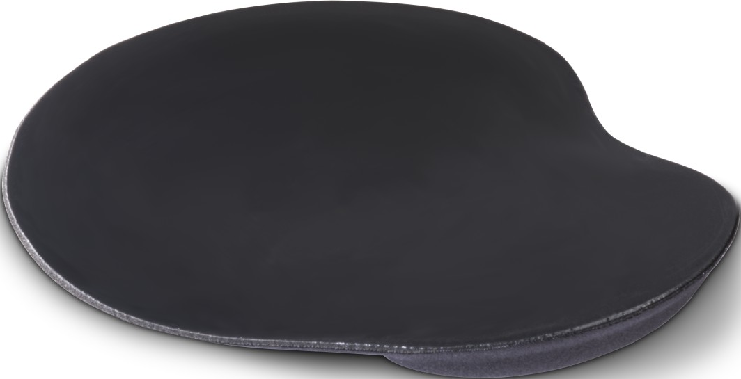 Ein dunkelgraues ergonomisches Mauspads mit abgerundeter Form und einem erhöhten Bereich zur Handgelenkstützung, vor weißem Hintergrund.