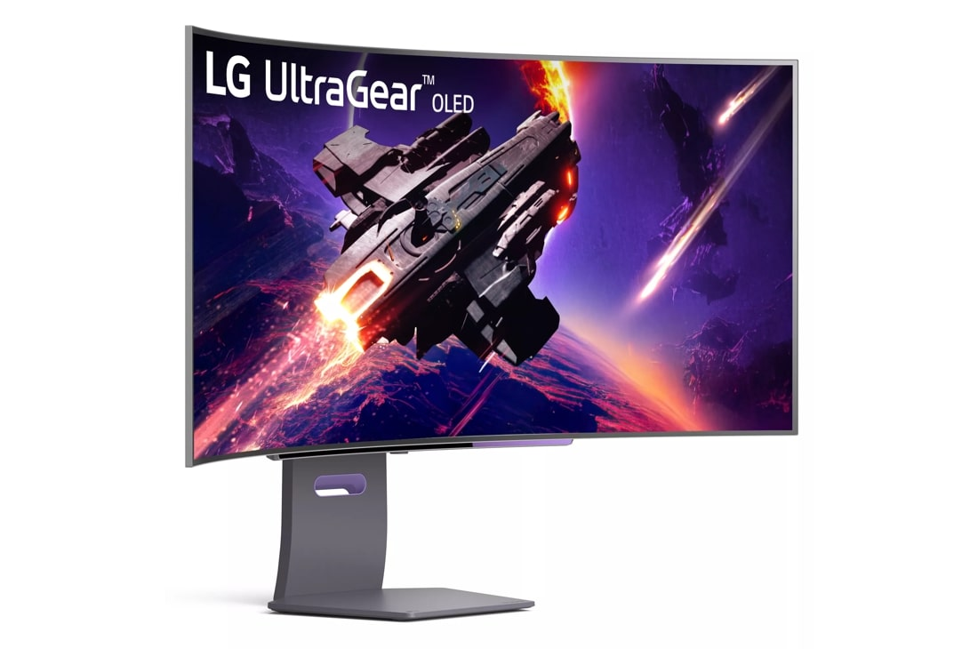 Zakrzywiony monitor LG UltraGear OLED wyświetla statek kosmiczny w kosmosie.