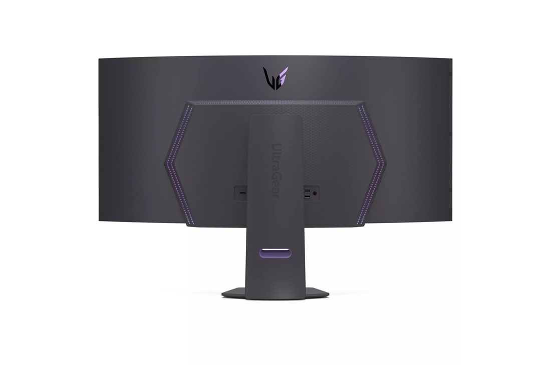 Tył czarnego monitora z fioletowymi akcentami i portami.