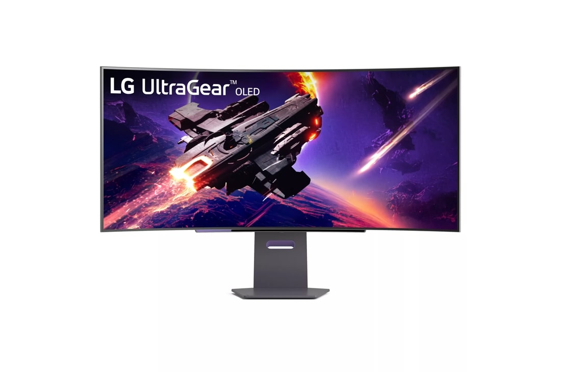 Zakrzywiony monitor LG UltraGear OLED pokazuje statek kosmiczny w walce.