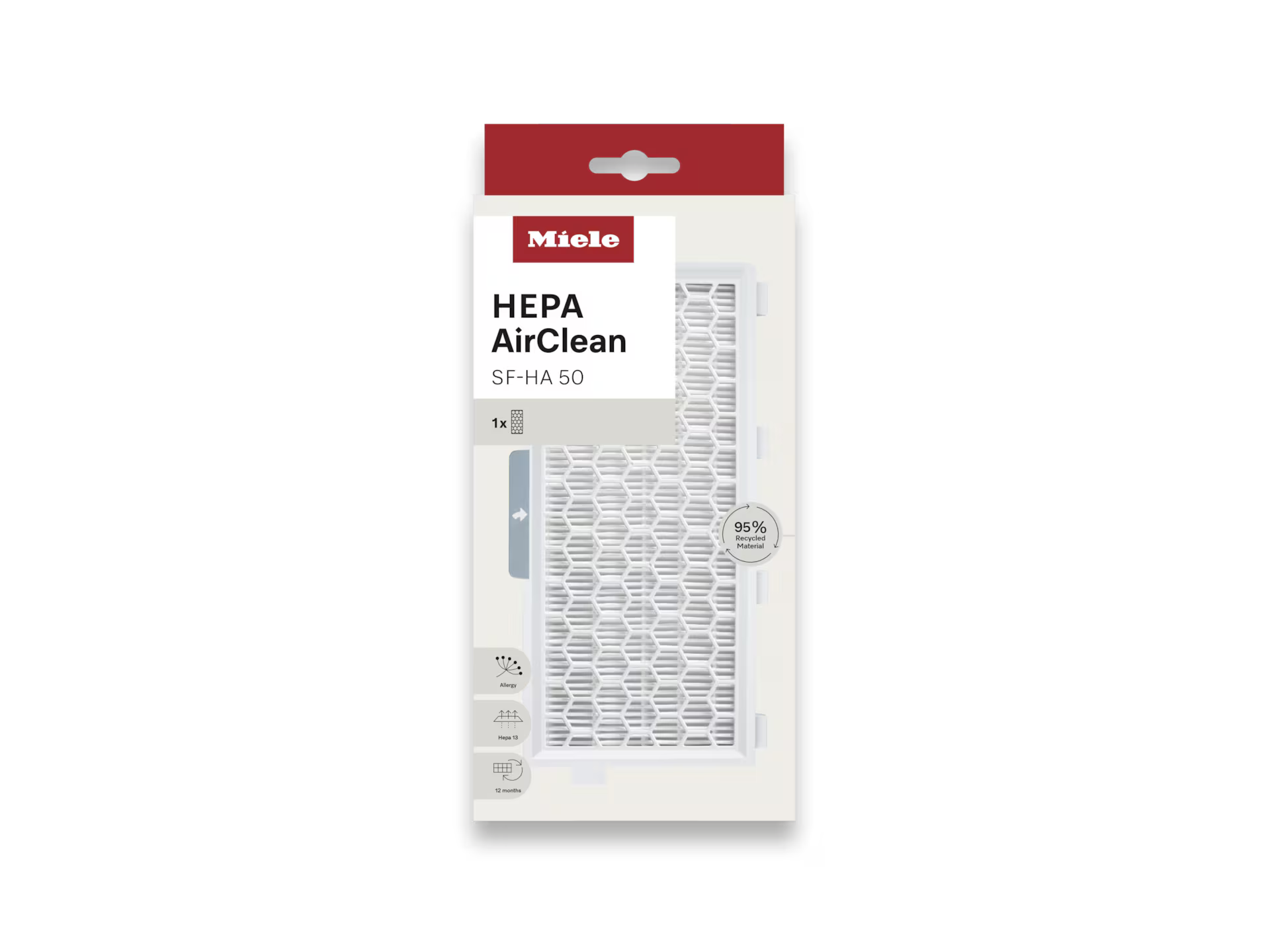 Das Bild zeigt eine Miele HEPA AirClean Filterpackung. Der Filter ist weiß mit Wabenmuster, die Verpackung schwarz und rot.