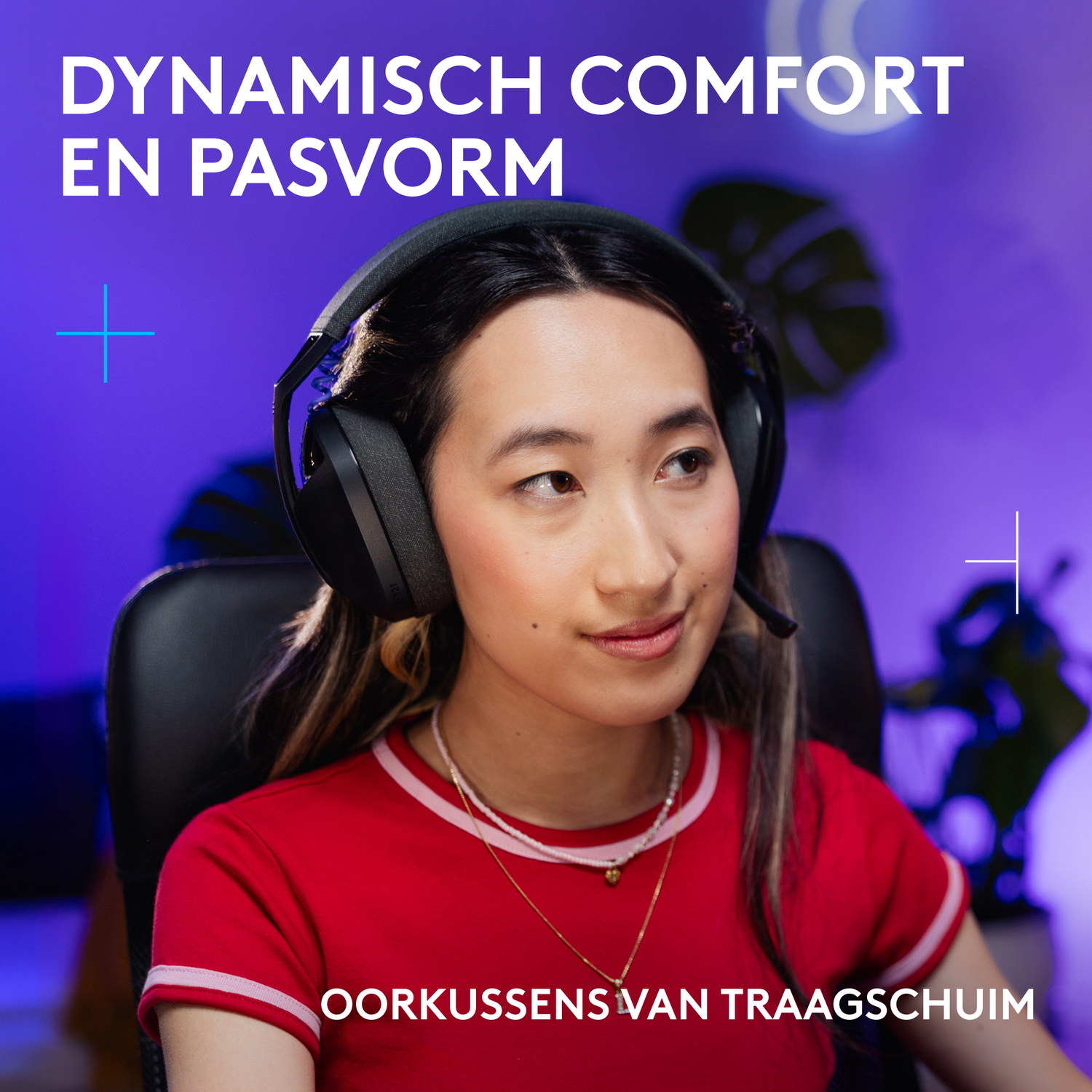 A woman wearing headphones and a red shirt looks to the side. Text says 'Dynamic Comfort' and 'Memory foam ear cushions'.