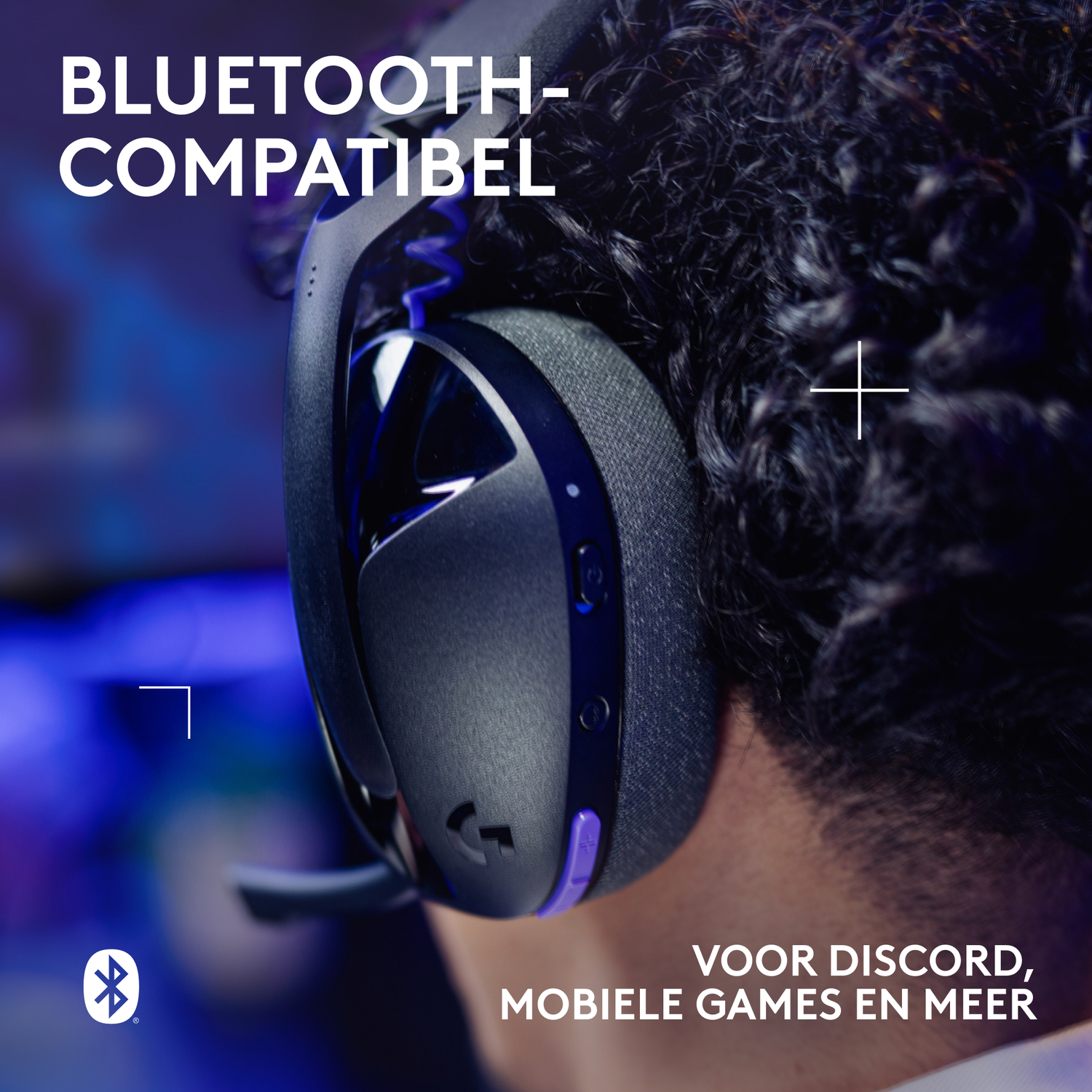 A person wearing a black headset with purple accents. Text says 'Bluetooth compatible' and 'For Discord, mobile games and more'.