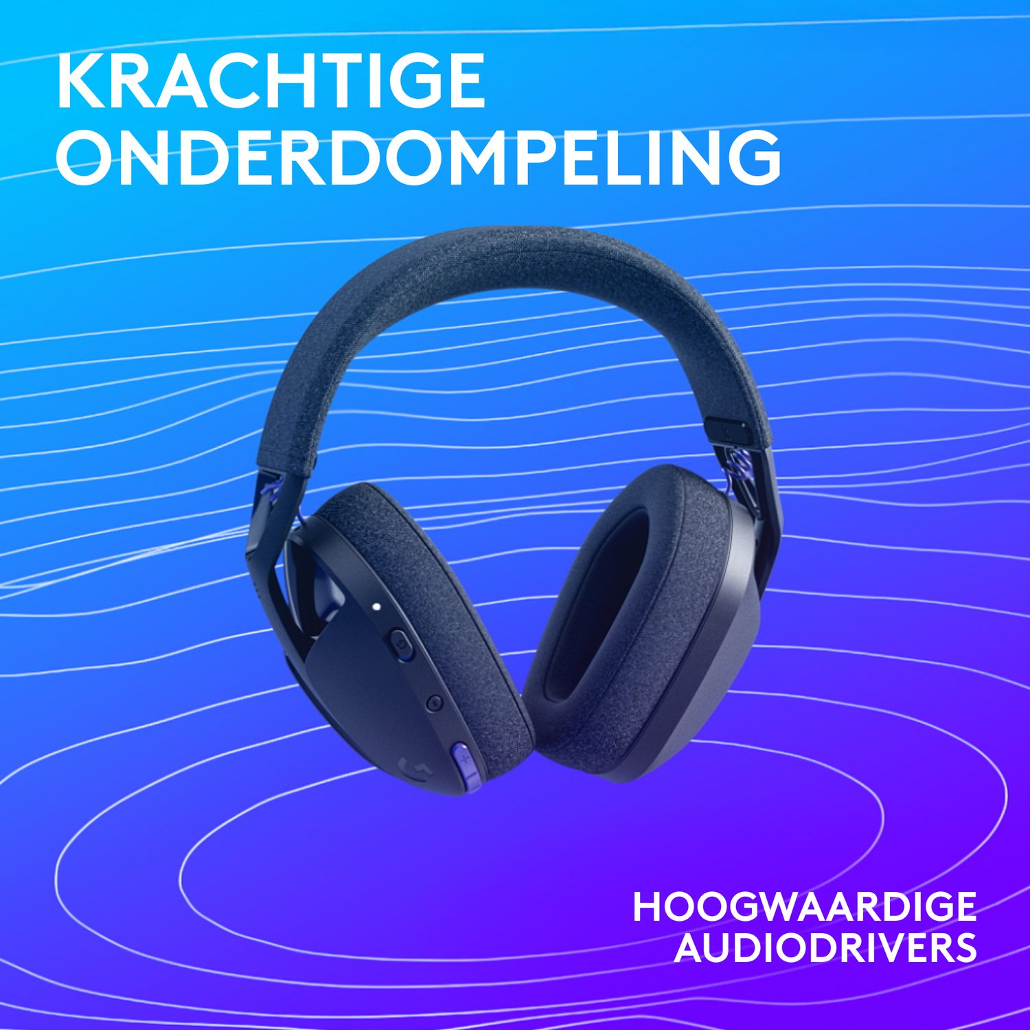 Dark blue headphones on a gradient blue background. White text says 'KRachtige onderdompeling' and 'hoogwaardige audiodrivers'.
