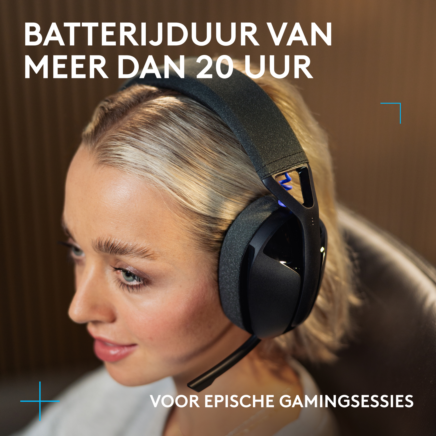 A woman wearing a black headset, with text above stating battery life of over 20 hours. Text below says 'For epic gaming sessions'.