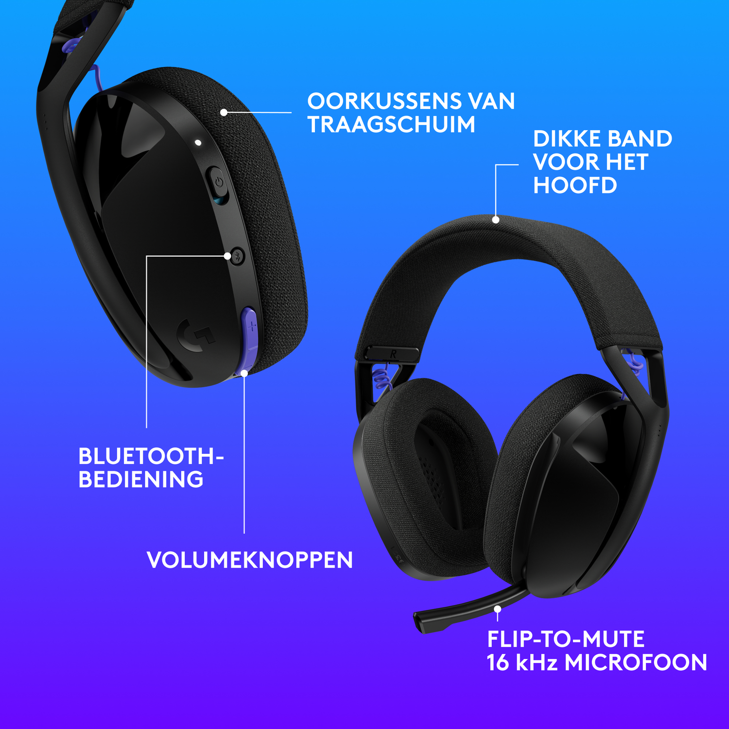 Black gaming headset with memory foam earcups, Bluetooth controls, volume buttons, and flip-to-mute microphone on a blue gradient background.